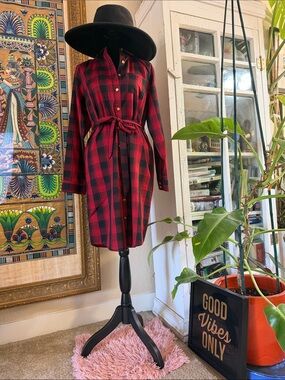 The Limited Red and Black Plaid Long Sleeve Shirt Dress NWOT
